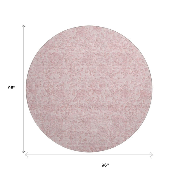 HomeRoots 8' Pink and Ivory Floral Round Rug - Washable, UV Protected, Stylish & Durable for Family Homes 665059