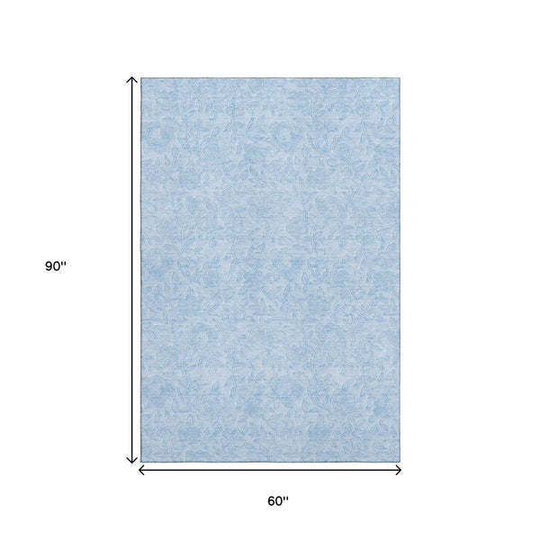 HomeRoots 5' X 8' Sky Blue Floral Area Rug - Washable, Stain-Resistant with UV Protection for High-Traffic Areas 665064