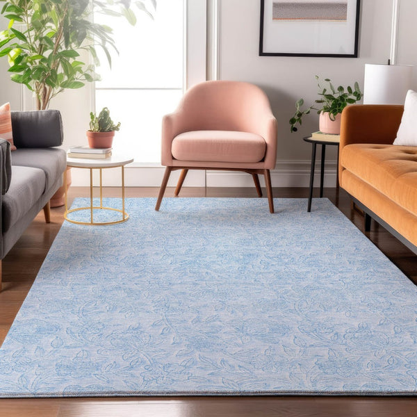 HomeRoots 5' X 8' Sky Blue Floral Area Rug - Washable, Stain-Resistant with UV Protection for High-Traffic Areas 665064
