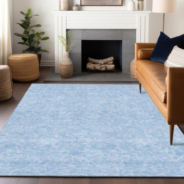 HomeRoots 5' X 8' Sky Blue Floral Area Rug - Washable, Stain-Resistant with UV Protection for High-Traffic Areas 665064