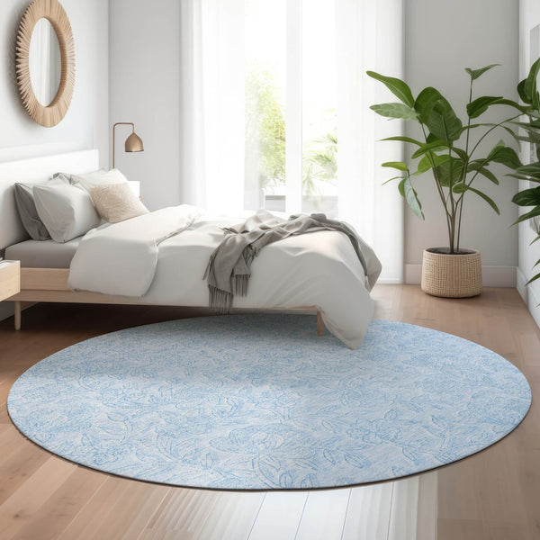 HomeRoots 8' Sky Blue and Ivory Floral Washable Round Rug with UV Protection - Durable, Stylish, Easy Care! 665065