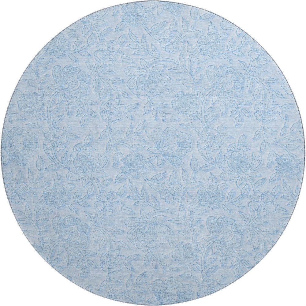 HomeRoots 8' Sky Blue and Ivory Floral Washable Round Rug with UV Protection - Durable, Stylish, Easy Care! 665065