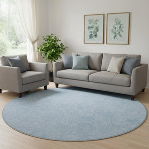 HomeRoots 8' Sky Blue and Ivory Floral Washable Round Rug with UV Protection - Durable, Stylish, Easy Care! 665065