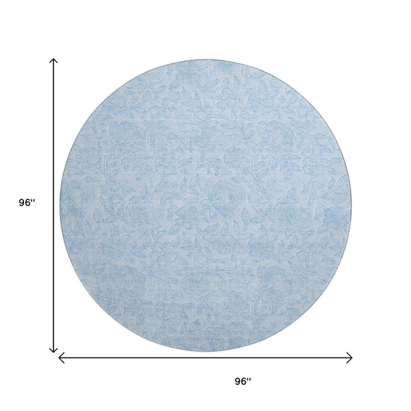 HomeRoots 8' Sky Blue and Ivory Floral Washable Round Rug with UV Protection - Durable, Stylish, Easy Care! 665065