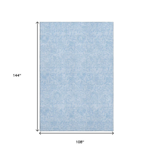 HomeRoots 9' X 12' Sky Blue Floral Area Rug - Washable, UV Protected, Durable Design for Modern Living Spaces 665067