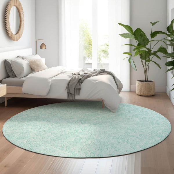 HomeRoots 8' Teal Floral Round Rug - Washable, UV-Protected, Stain-Resistant, Perfect for Homes with Kids & Pets! 665071