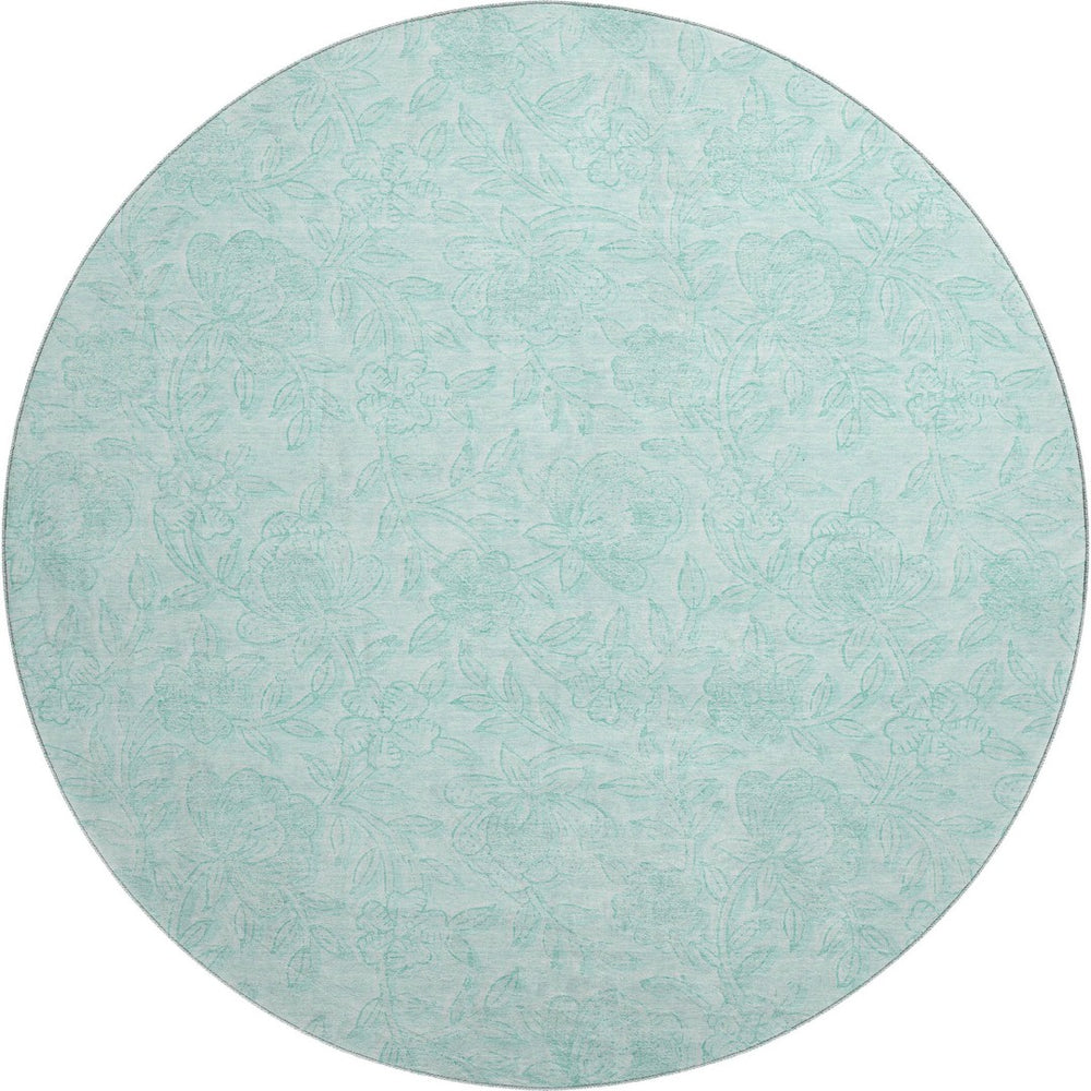 HomeRoots 8' Teal Floral Round Rug - Washable, UV-Protected, Stain-Resistant, Perfect for Homes with Kids & Pets! 665071