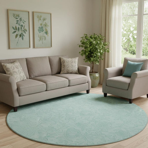HomeRoots 8' Teal Floral Round Rug - Washable, UV-Protected, Stain-Resistant, Perfect for Homes with Kids & Pets! 665071