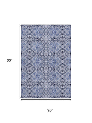HomeRoots 5' X 8' Elegant Blue Gray Ivory Medallion Rug – Washable, UV Protected, Perfect for Busy Homes! 665082