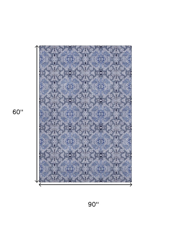 HomeRoots 5' X 8' Elegant Blue Gray Ivory Medallion Rug – Washable, UV Protected, Perfect for Busy Homes! 665082