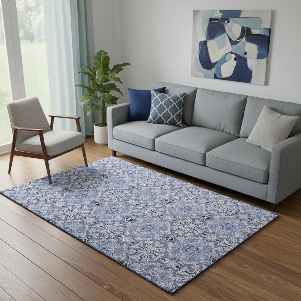 HomeRoots 5' X 8' Elegant Blue Gray Ivory Medallion Rug – Washable, UV Protected, Perfect for Busy Homes! 665082