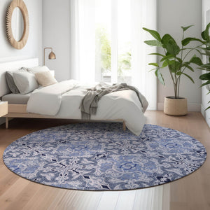 HomeRoots 8' Stylish Blue Gray & Ivory Medallion Washable Round Rug with UV Protection for Busy Homes 665083