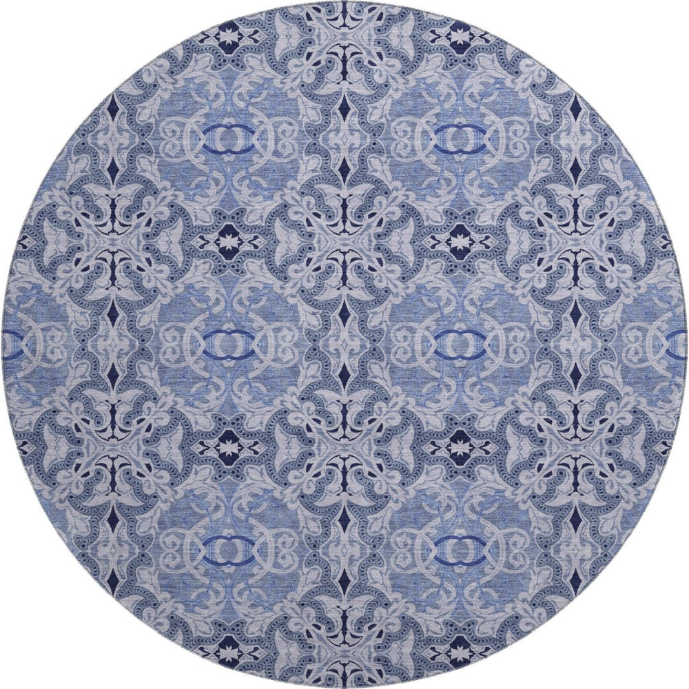 HomeRoots 8' Stylish Blue Gray & Ivory Medallion Washable Round Rug with UV Protection for Busy Homes 665083