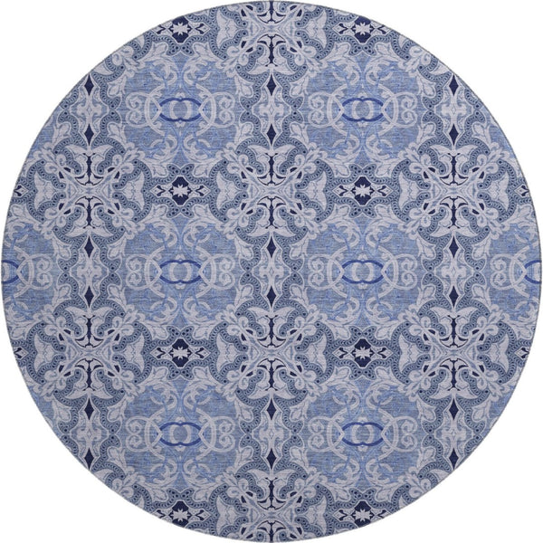HomeRoots 8' Stylish Blue Gray & Ivory Medallion Washable Round Rug with UV Protection for Busy Homes 665083