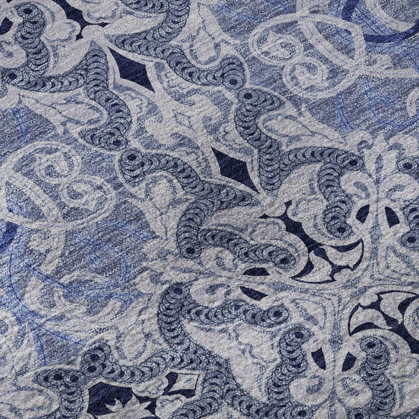 HomeRoots 8' Stylish Blue Gray & Ivory Medallion Washable Round Rug with UV Protection for Busy Homes 665083