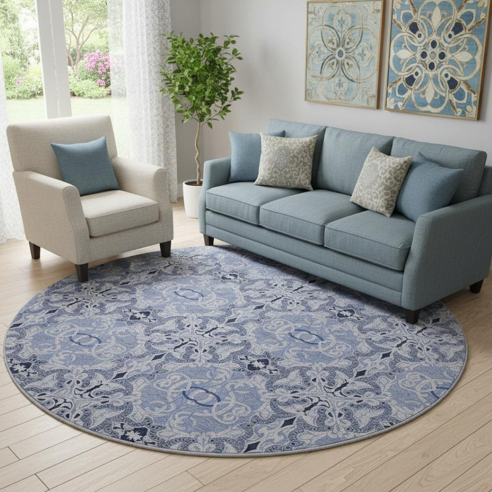 HomeRoots 8' Stylish Blue Gray & Ivory Medallion Washable Round Rug with UV Protection for Busy Homes 665083