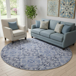 HomeRoots 8' Stylish Blue Gray & Ivory Medallion Washable Round Rug with UV Protection for Busy Homes 665083