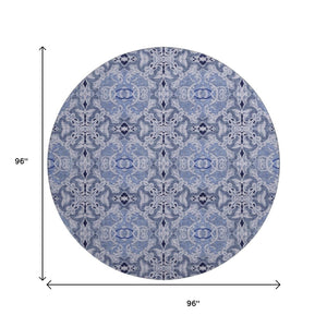 HomeRoots 8' Stylish Blue Gray & Ivory Medallion Washable Round Rug with UV Protection for Busy Homes 665083