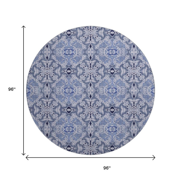 HomeRoots 8' Stylish Blue Gray & Ivory Medallion Washable Round Rug with UV Protection for Busy Homes 665083