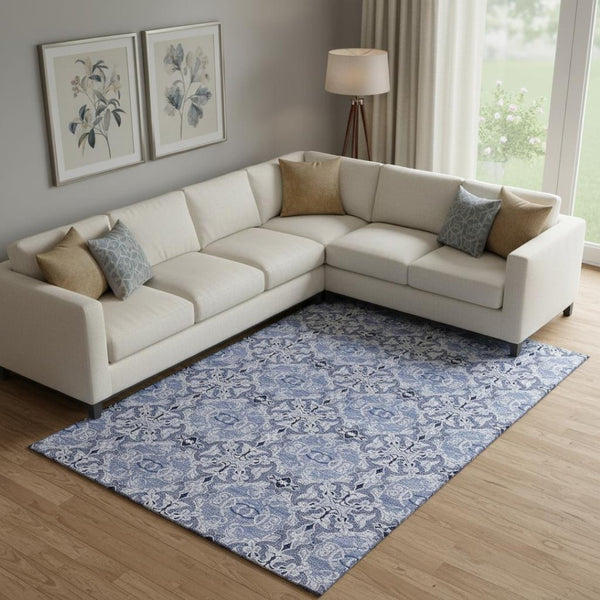 HomeRoots 8' X 10' Stylish Blue Gray Ivory Medallion Area Rug - Washable, UV Protected & Perfect for Busy Homes! 665084