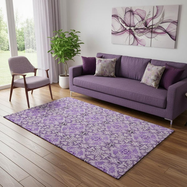 HomeRoots 5' X 8' Purple And Ivory Medallion Area Rug - Washable, UV Protected, Stain-Resistant, Stylish Comfort 665106