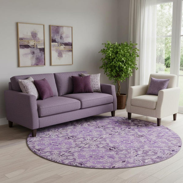 HomeRoots 8' Purple And Ivory Medallion Washable Round Rug - Durable, UV-Protected, Easy-Care for Family Rooms 665107