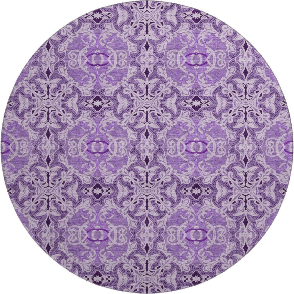 HomeRoots 8' Purple And Ivory Medallion Washable Round Rug - Durable, UV-Protected, Easy-Care for Family Rooms 665107