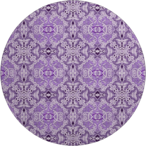 HomeRoots 8' Purple And Ivory Medallion Washable Round Rug - Durable, UV-Protected, Easy-Care for Family Rooms 665107