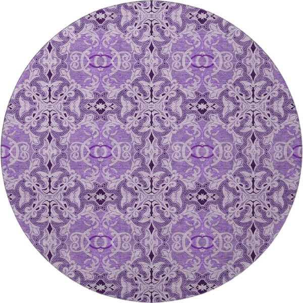 HomeRoots 8' Purple And Ivory Medallion Washable Round Rug - Durable, UV-Protected, Easy-Care for Family Rooms 665107