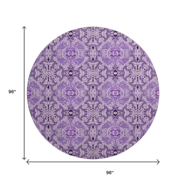 HomeRoots 8' Purple And Ivory Medallion Washable Round Rug - Durable, UV-Protected, Easy-Care for Family Rooms 665107