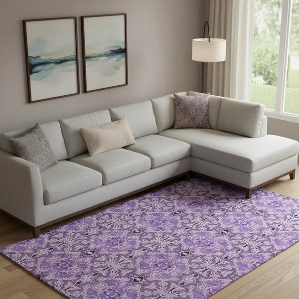 HomeRoots 10' X 14' Purple and Ivory Medallion Area Rug - Washable, Stain Resistant, UV Protected for Homes 665110