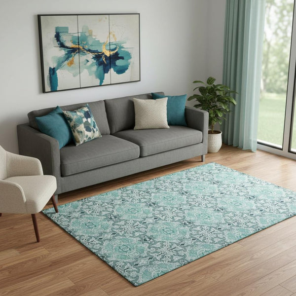 HomeRoots 5' X 8' Teal and Ivory Medallion Area Rug - Washable, Stain-Resistant, UV-Protected & Durable Design 665112
