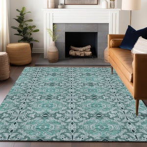 HomeRoots 5' X 8' Teal and Ivory Medallion Area Rug - Washable, Stain-Resistant, UV-Protected & Durable Design 665112
