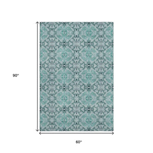 HomeRoots 5' X 8' Teal and Ivory Medallion Area Rug - Washable, Stain-Resistant, UV-Protected & Durable Design 665112