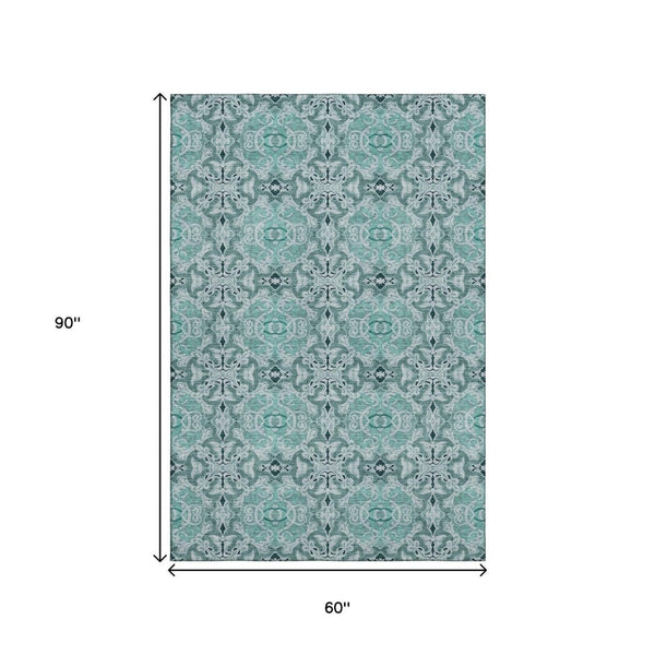HomeRoots 5' X 8' Teal and Ivory Medallion Area Rug - Washable, Stain-Resistant, UV-Protected & Durable Design 665112