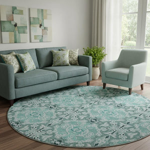 HomeRoots 8' Teal and Ivory Medallion Round Rug - Washable, Stain-Resistant, UV-Protected for High Traffic Areas 665113
