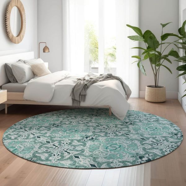 HomeRoots 8' Teal and Ivory Medallion Round Rug - Washable, Stain-Resistant, UV-Protected for High Traffic Areas 665113