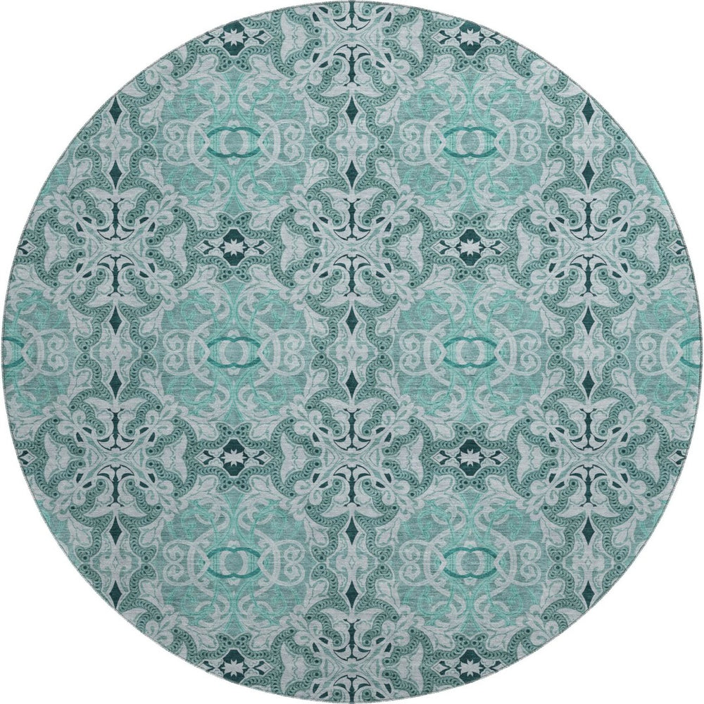 HomeRoots 8' Teal and Ivory Medallion Round Rug - Washable, Stain-Resistant, UV-Protected for High Traffic Areas 665113