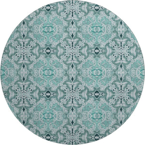 HomeRoots 8' Teal and Ivory Medallion Round Rug - Washable, Stain-Resistant, UV-Protected for High Traffic Areas 665113