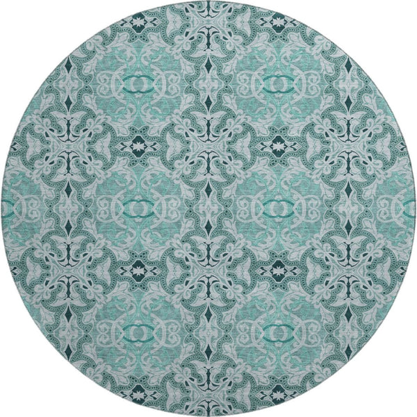 HomeRoots 8' Teal and Ivory Medallion Round Rug - Washable, Stain-Resistant, UV-Protected for High Traffic Areas 665113