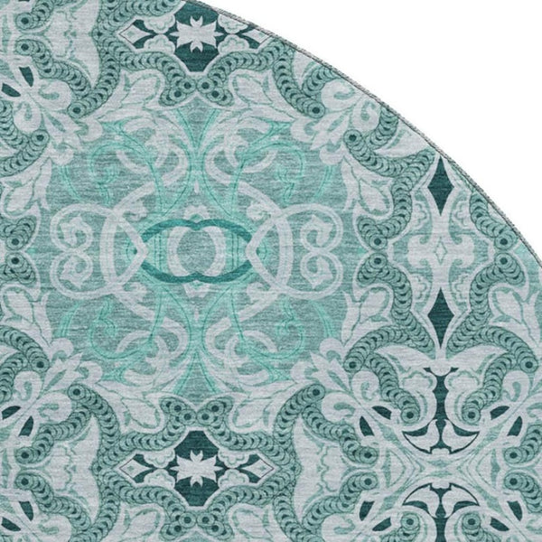 HomeRoots 8' Teal and Ivory Medallion Round Rug - Washable, Stain-Resistant, UV-Protected for High Traffic Areas 665113