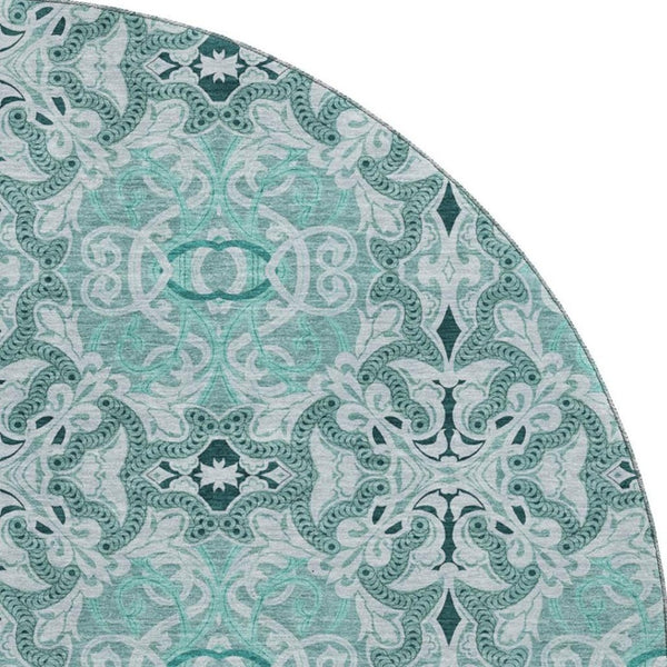 HomeRoots 8' Teal and Ivory Medallion Round Rug - Washable, Stain-Resistant, UV-Protected for High Traffic Areas 665113