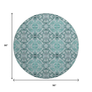 HomeRoots 8' Teal and Ivory Medallion Round Rug - Washable, Stain-Resistant, UV-Protected for High Traffic Areas 665113