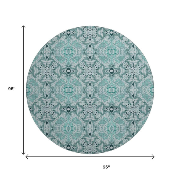 HomeRoots 8' Teal and Ivory Medallion Round Rug - Washable, Stain-Resistant, UV-Protected for High Traffic Areas 665113