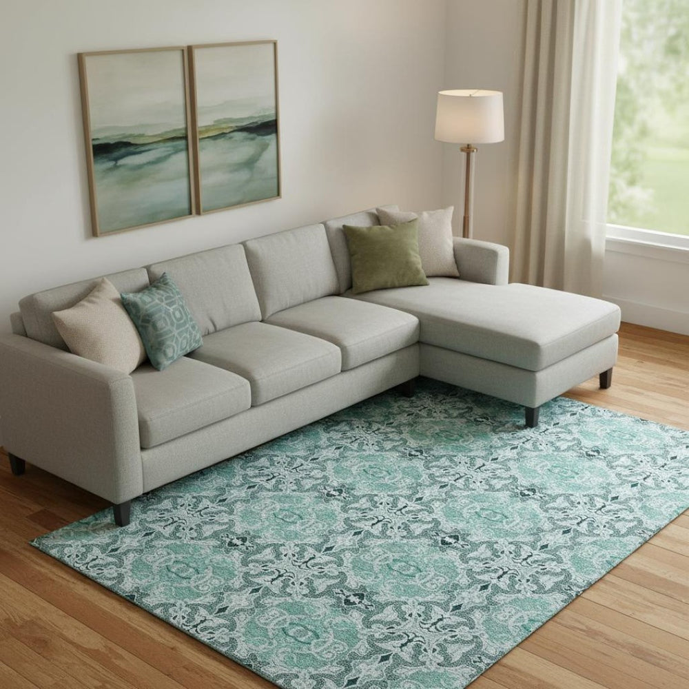 HomeRoots 8' X 10' Teal and Ivory Medallion Area Rug - Stylish, Washable, UV-Protected for Busy Homes! 665114