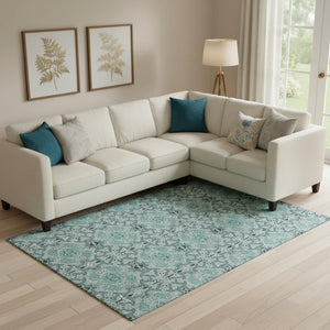 HomeRoots 9' X 12' Teal and Ivory Medallion Area Rug - Washable, UV-Protected, Stylish & Durable for Homes 665115