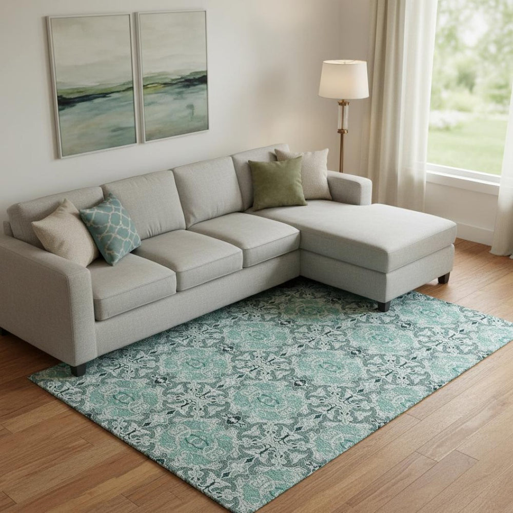 HomeRoots 10' Teal and Ivory Medallion Area Rug - Washable, UV Protected, Durable for High Traffic Spaces! 665116