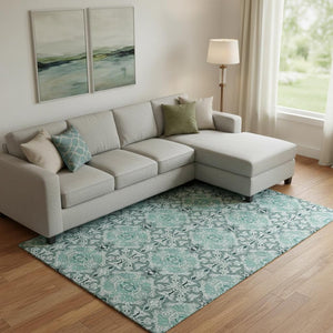 HomeRoots 10' Teal and Ivory Medallion Area Rug - Washable, UV Protected, Durable for High Traffic Spaces! 665116