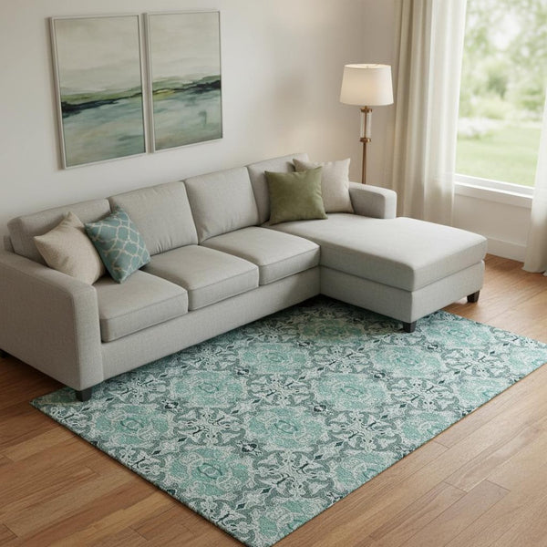 HomeRoots 10' Teal and Ivory Medallion Area Rug - Washable, UV Protected, Durable for High Traffic Spaces! 665116