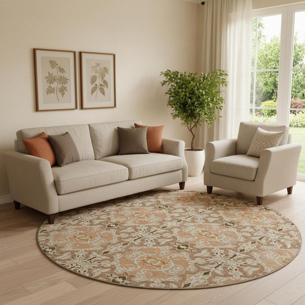 HomeRoots 8' Terra Cotta & Beige Medallion Rug - Washable, Stain-Resistant, UV-Protected for Indoor & Outdoor Use 665119